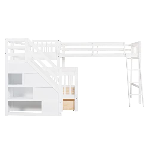 Twin over Full Triple Bunk Bed with Drawers and Stairway, L-Shaped Bunk Bed and Loft Bed Combo with Storage Compartment (Espresso) X42529