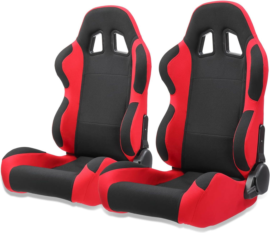 2Pcs Universal Fully Reclinable Nylon Racing Seats Double Slide Black and Red F8716