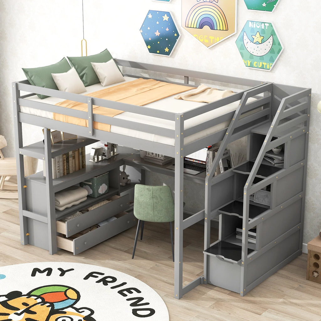 Full Wood Loft Bed with Desk, Storage Stairs, Two Drawers A529