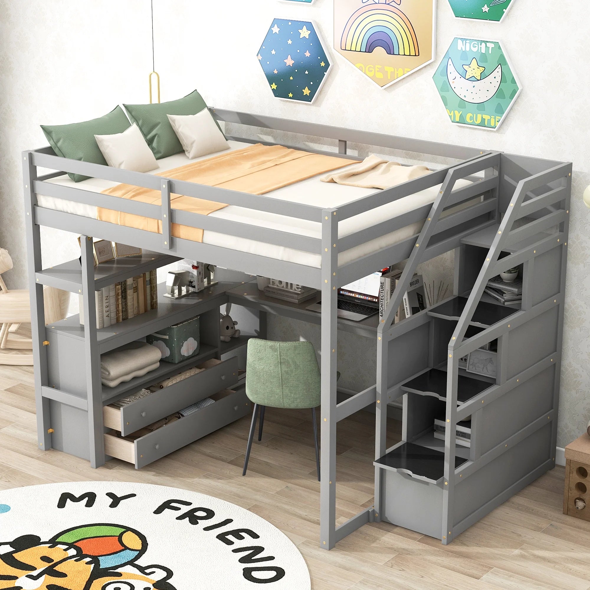 Full Wood Loft Bed with Desk, Storage Stairs, Two Drawers A529