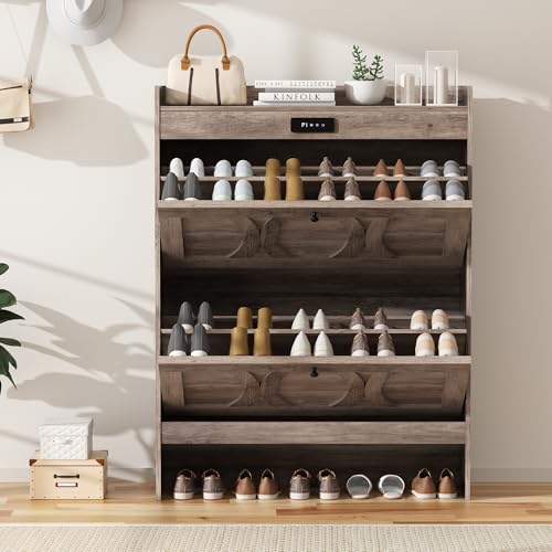 Rustic White Shoe Storage Cabinet with 2 Flip Drawers E75450