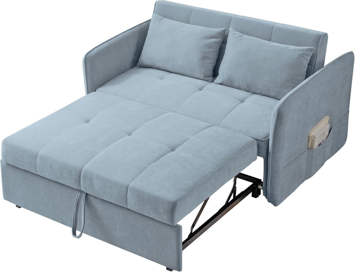 Bluish Grey Chenille Fabric Double Sofa Bed with Pull-Out Bed T6018
