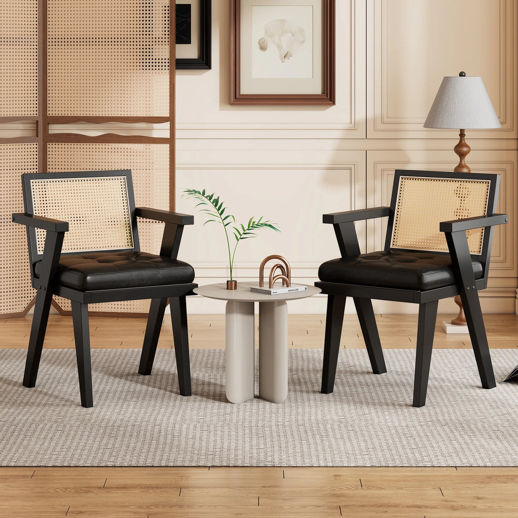 Black Accent Chair with Rattan Backrest and Padded Seat C76365