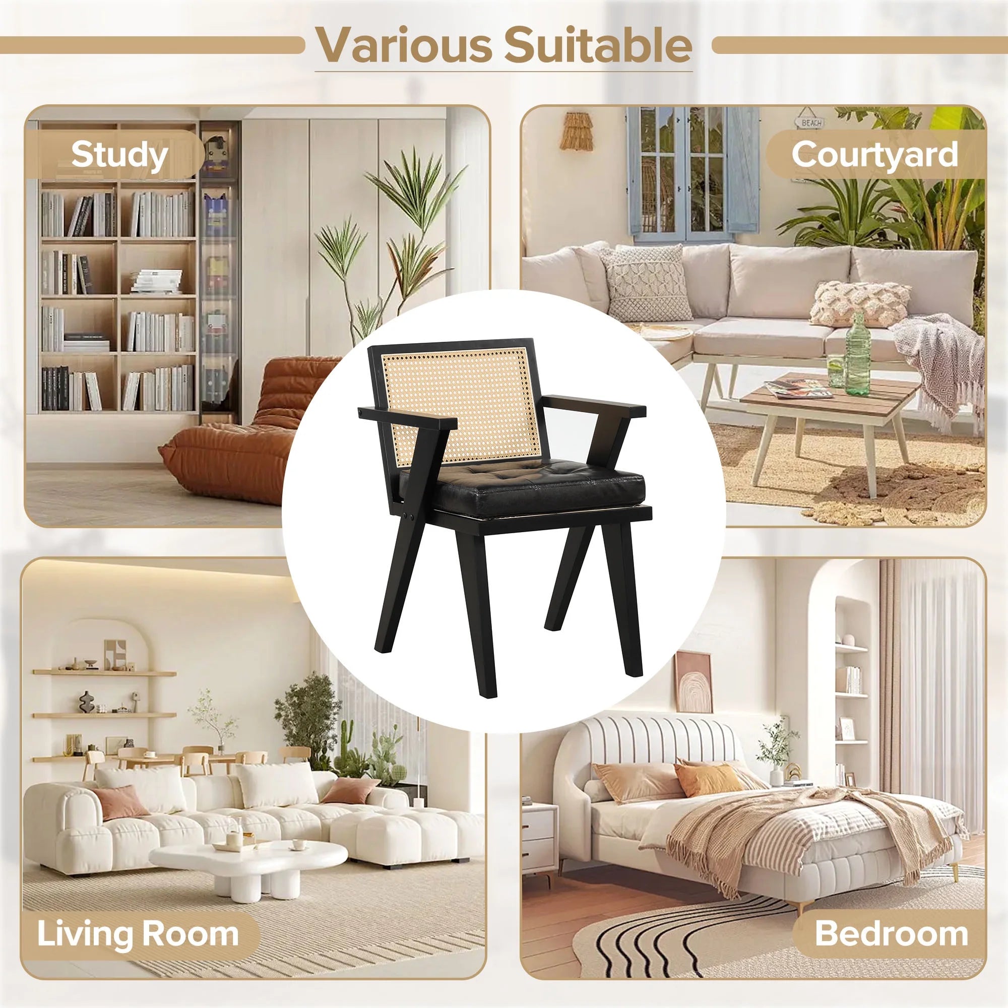 Black Accent Chair with Rattan Backrest and Padded Seat C76365