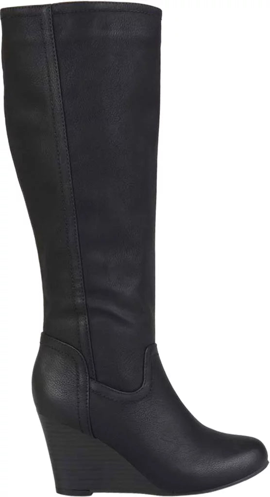 Black Faux Leather Knee High Wedge Heel Boot Y8492