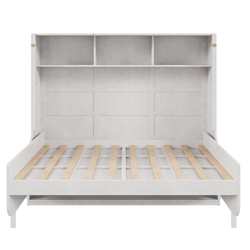 Antique White Solid Wood Full Size Murphy Bed with Desk and Storage Shelves I404