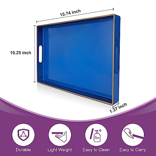 Blue Plastic Serving Tray with Handles, 15.7” x 10.2” x 1.37” Q942470
