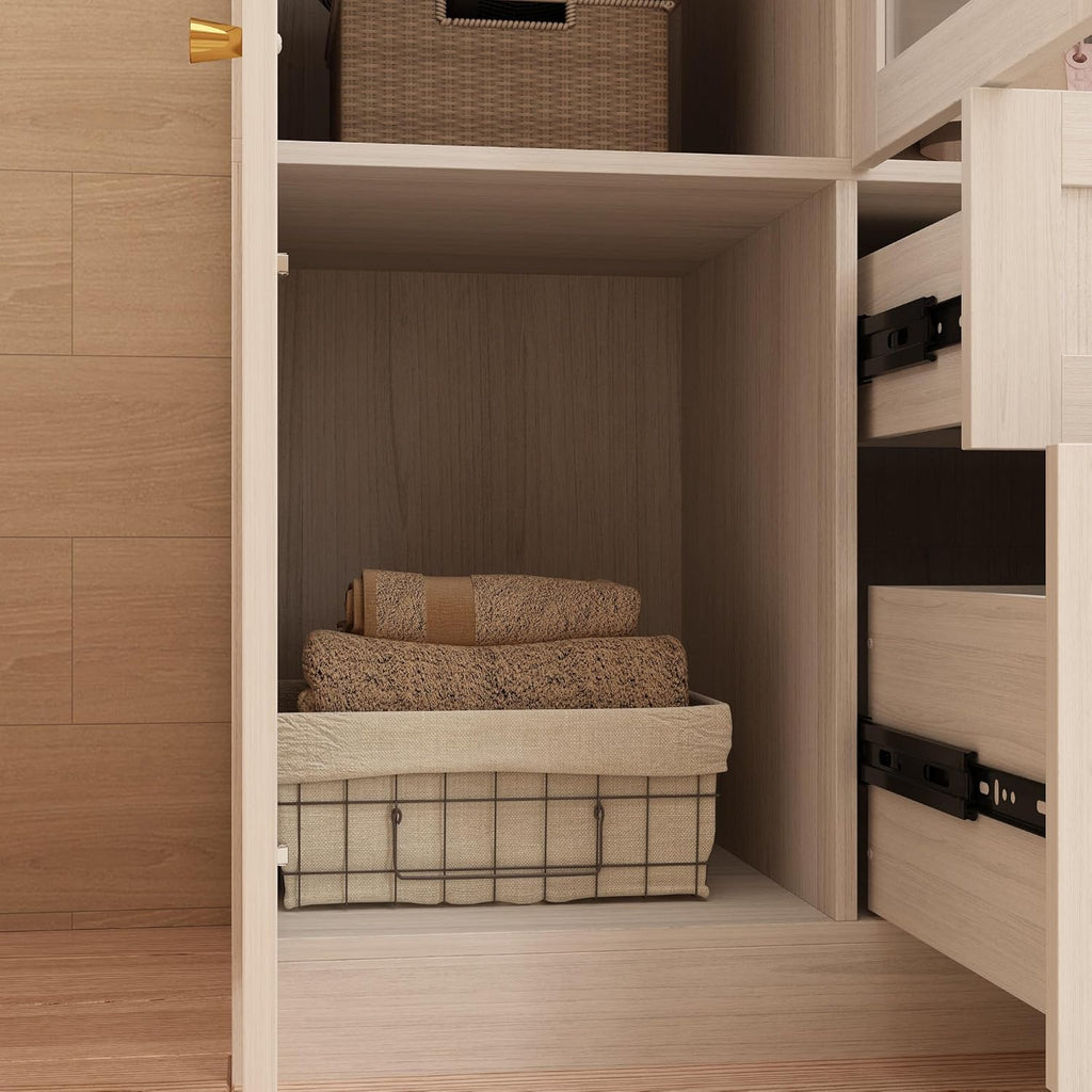 Warm Grey Wooden Armoire Wardrobe Closet with 4 Frosted Glass Doors Q503648