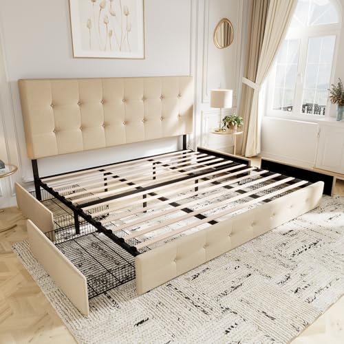 Light Grey Queen Size Platform Bed Frame with 4 Storage Drawers P82166