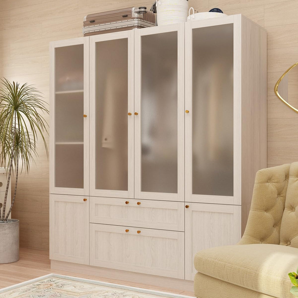 Warm Grey Wooden Armoire Wardrobe Closet with 4 Frosted Glass Doors Q503648