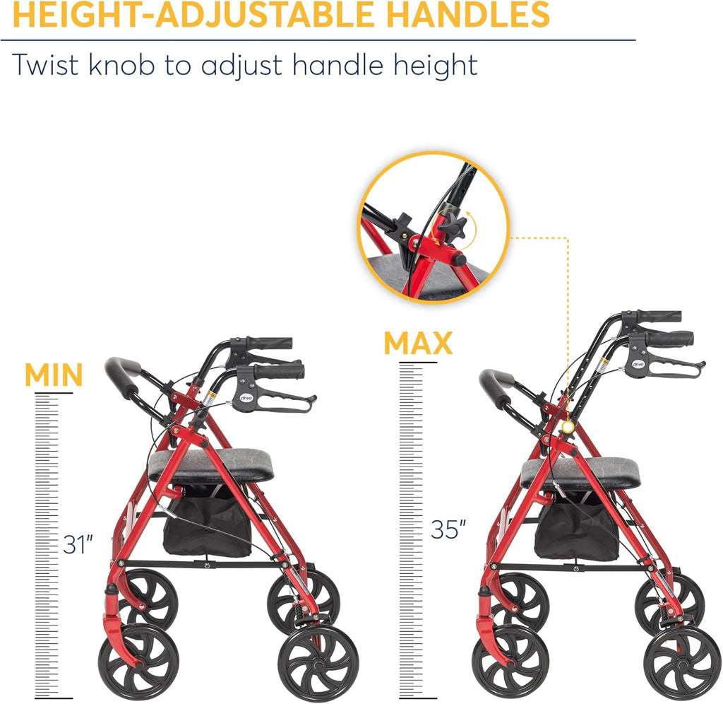 4 Wheel Rollator Walker with Seat, Steel Rolling Walker, Height Adjustable Folding Steel Bedside Commode Chair, Portable Toilet W527864