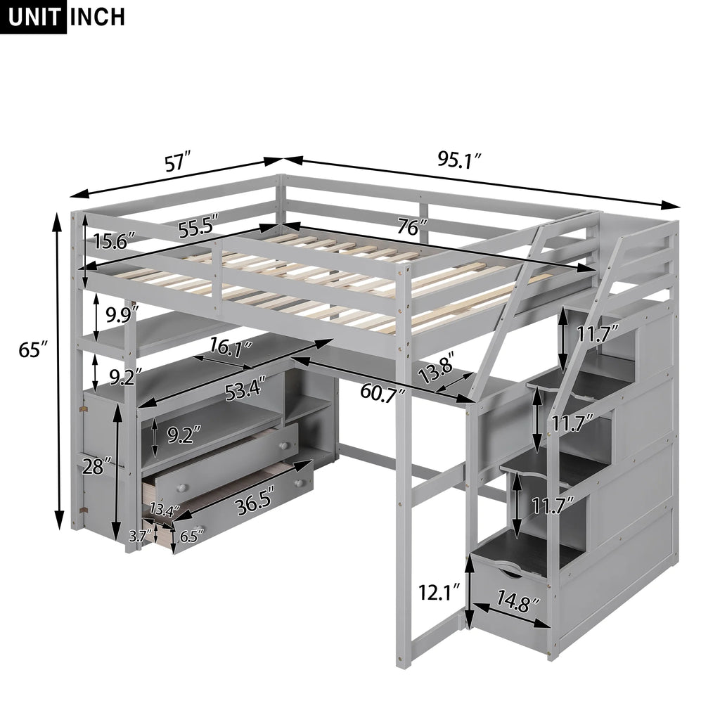 Full Wood Loft Bed with Desk, Storage Stairs, Two Drawers A529