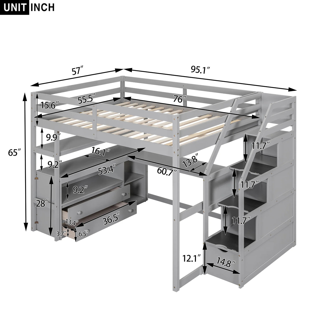 Full Wood Loft Bed with Desk, Storage Stairs, Two Drawers A529