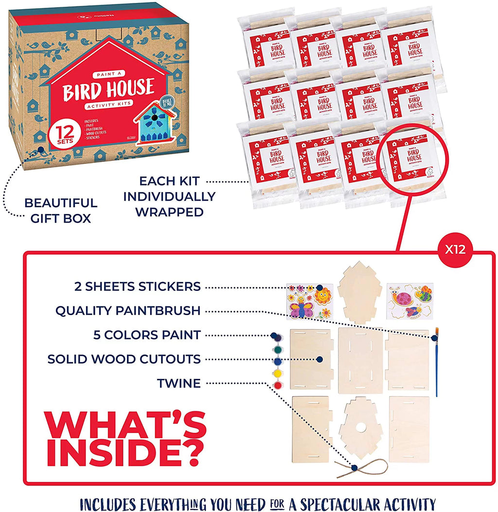 12 Wooden Birdhouse Crafts for Kids with Paint Strips, Paintbrushes & Stickers A99802