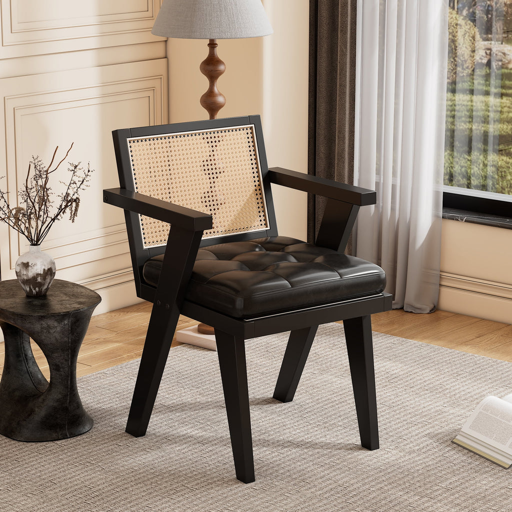 Black Accent Chair with Rattan Backrest and Padded Seat C76365