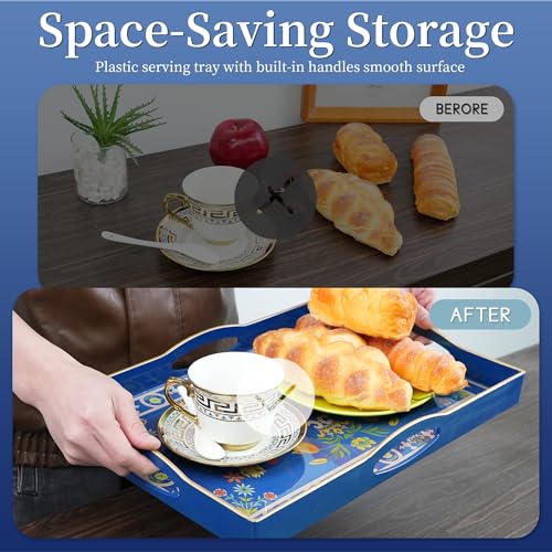 Blue Plastic Serving Tray with Handles, 15.7” x 10.2” x 1.37” Q942470