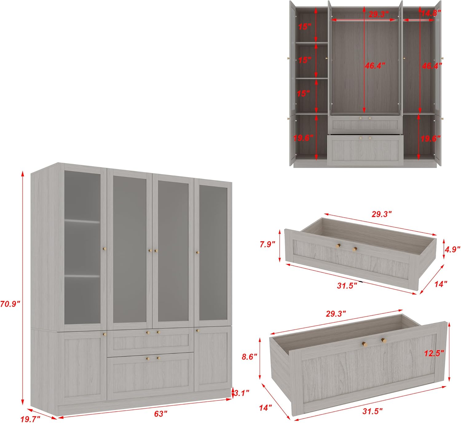 Warm Grey Wooden Armoire Wardrobe Closet with 4 Frosted Glass Doors Q503648