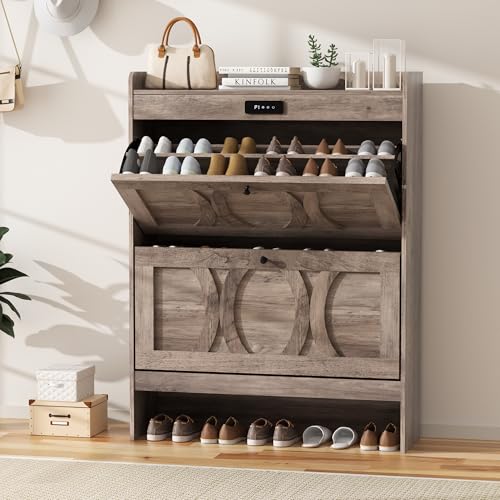 Rustic White Shoe Storage Cabinet with 2 Flip Drawers E75450