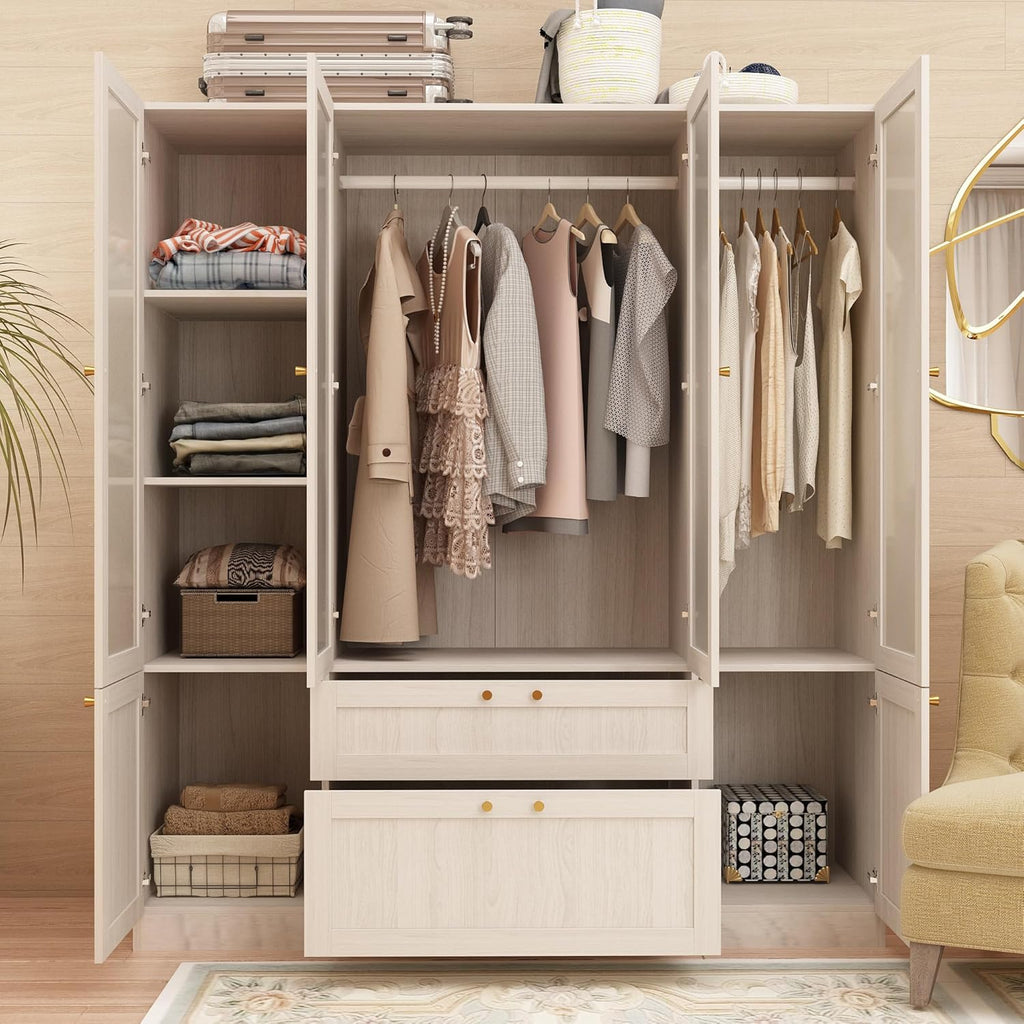 Warm Grey Wooden Armoire Wardrobe Closet with 4 Frosted Glass Doors Q503648