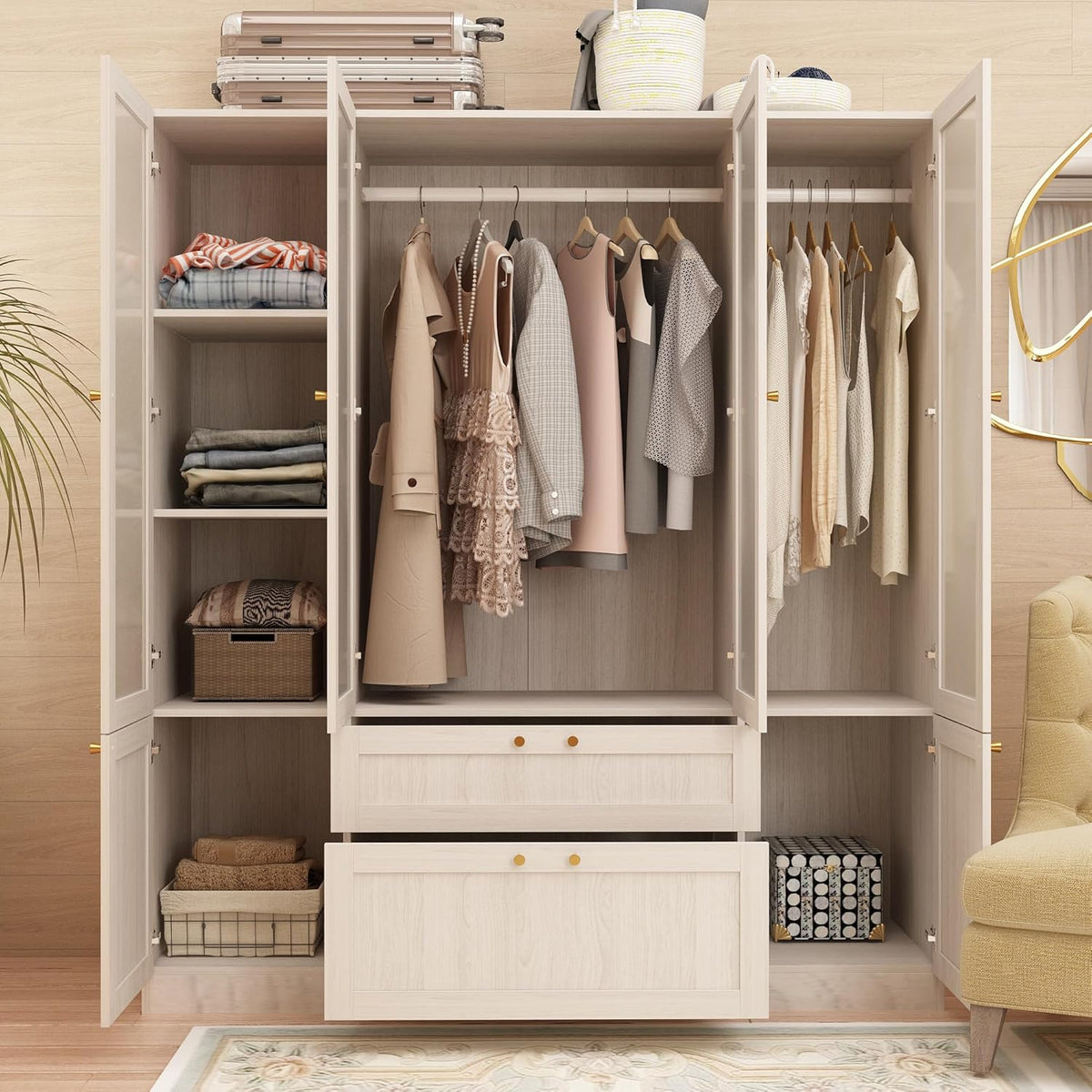 Warm Grey Wooden Armoire Wardrobe Closet with 4 Frosted Glass Doors Q503648