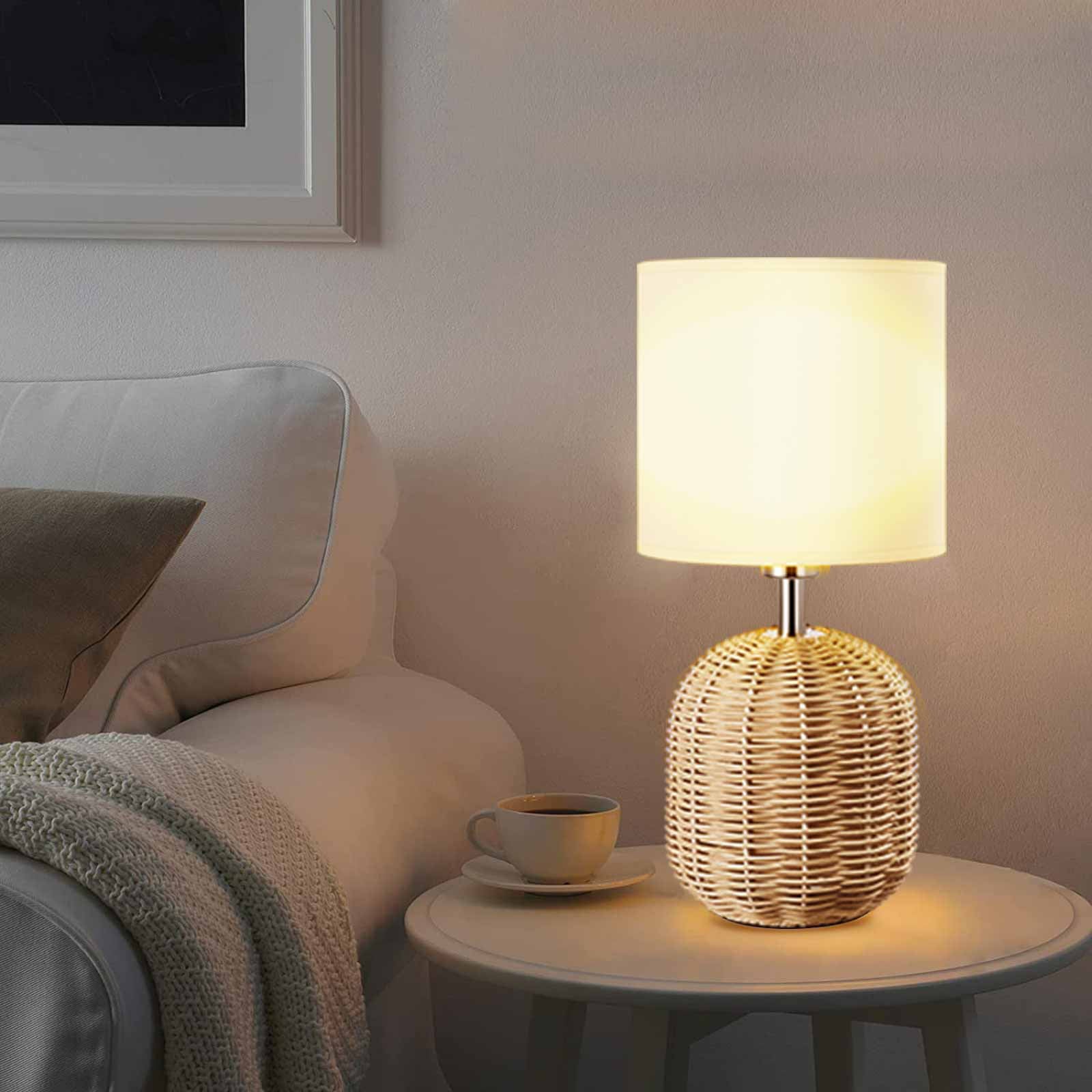 Weave Rattan Base White Fabric Drum Shade Table Lamp D8354