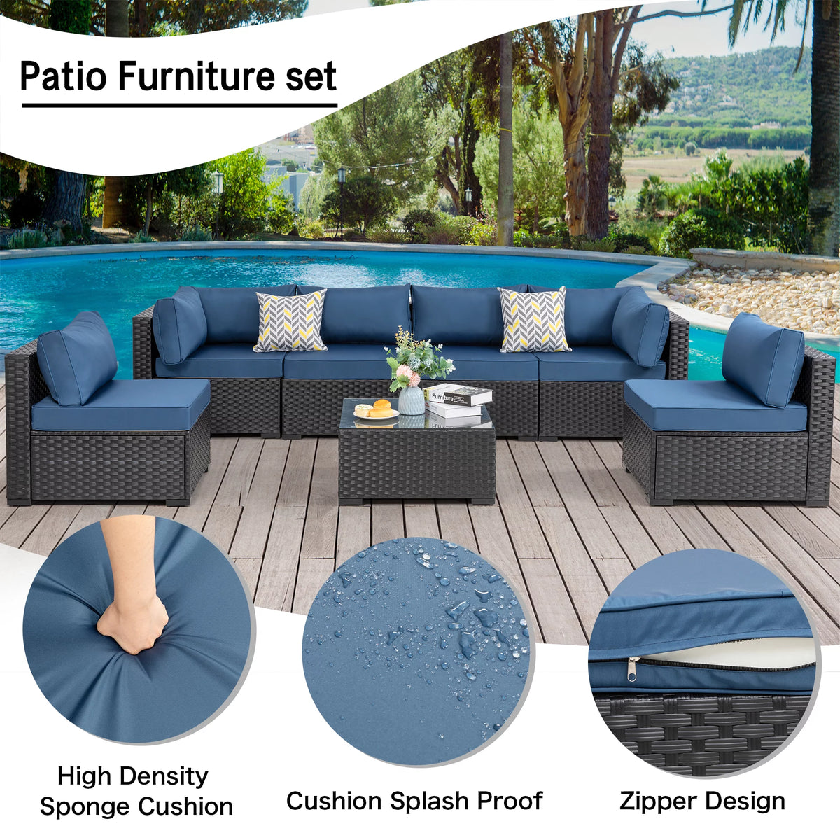 7 Pieces Black Wicker Outdoor Sectional Sofa Set with Tea Table and Cushions X15539