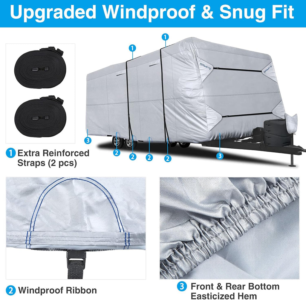 Rip-Stop RV Cover Fits 22'1" - 24' Long Motorhome, Waterproof Camper Cover with Gutter Covers, Adhensive Repair Patch W5898