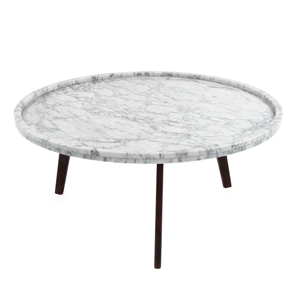 Round Italian Carrara White Marble Coffee Table with Walnut Legs B59197