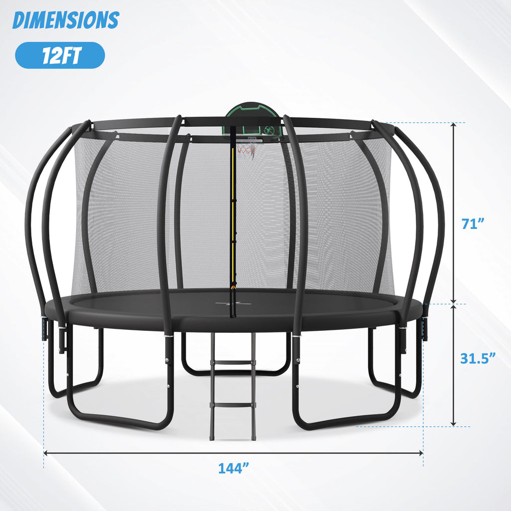 1200LBS 12FT Round Trampoline with Enclosure, Basketball Hoop, Ladder Q581636