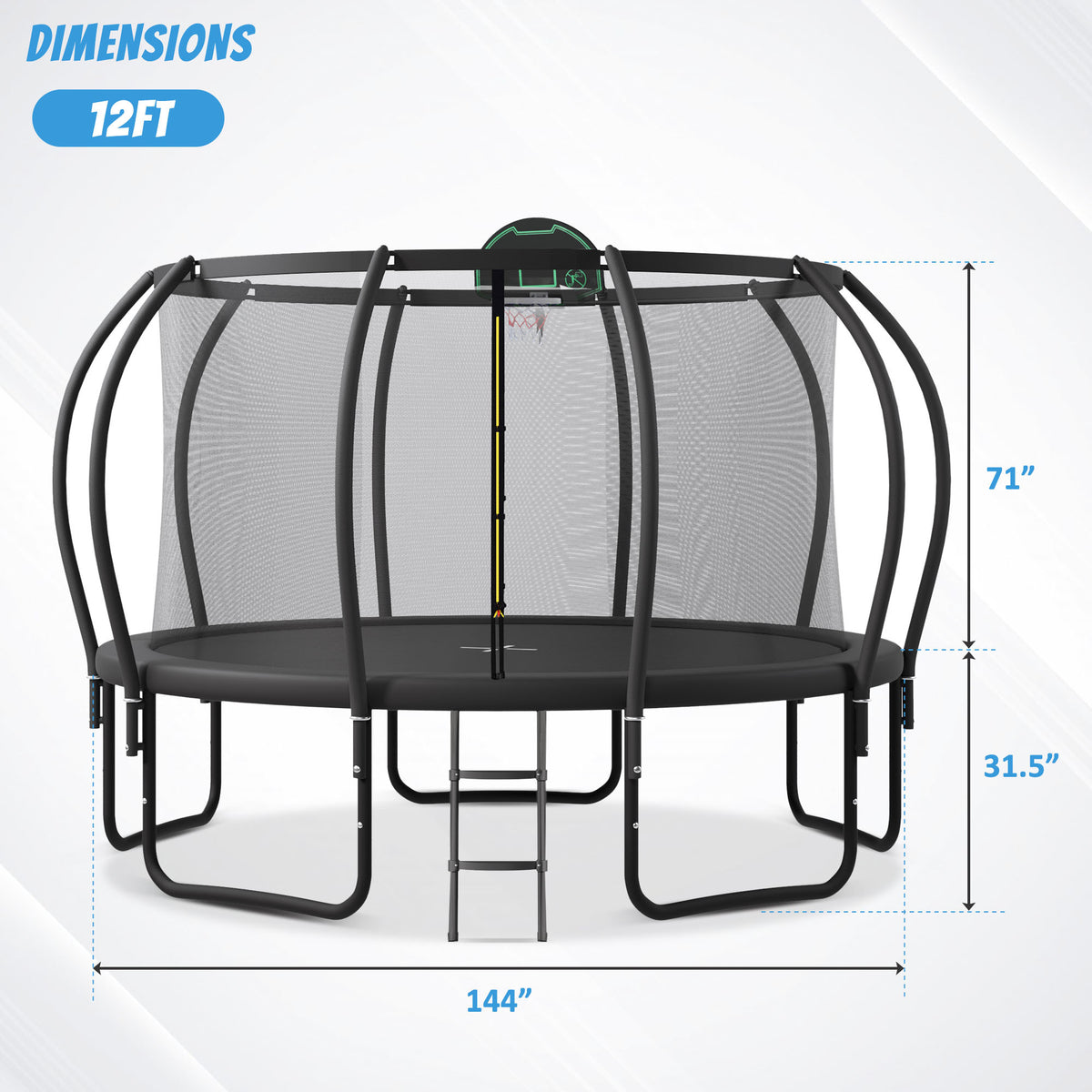 1200LBS 12FT Round Trampoline with Enclosure, Basketball Hoop, Ladder Q581636