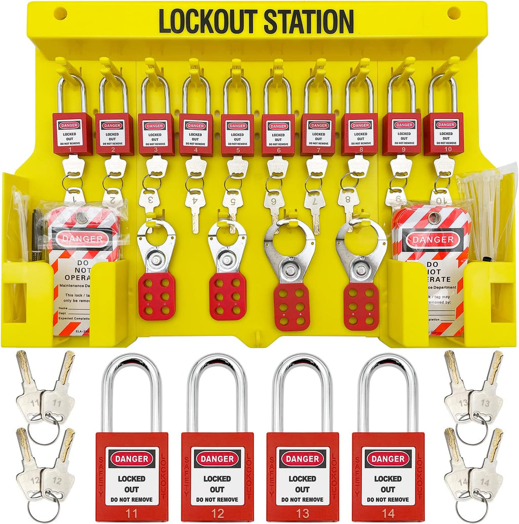 14 Key Padlocks with Numbers, 4 Lockout Hasps, 40 Lockout Tags, 20 Nylon Cable Lockout Tagout Station O7788