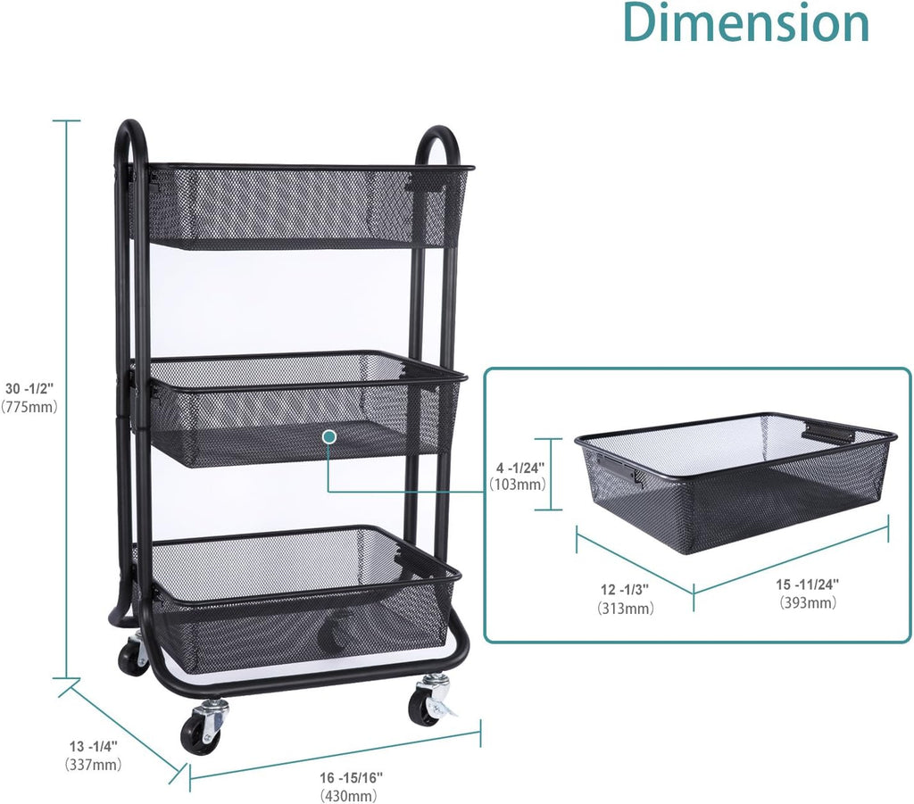 Black 3-Tier Rolling Utility Cart with Metal Mesh Baskets N56079