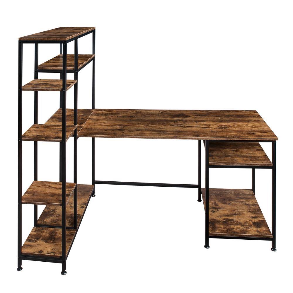 Brown Computer Desk with Storage Shelves and Bookshelf M666