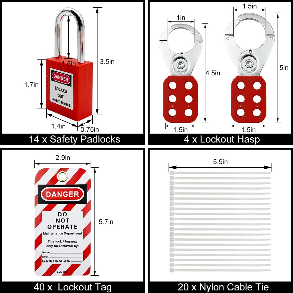 14 Key Padlocks with Numbers, 4 Lockout Hasps, 40 Lockout Tags, 20 Nylon Cable Lockout Tagout Station O7788