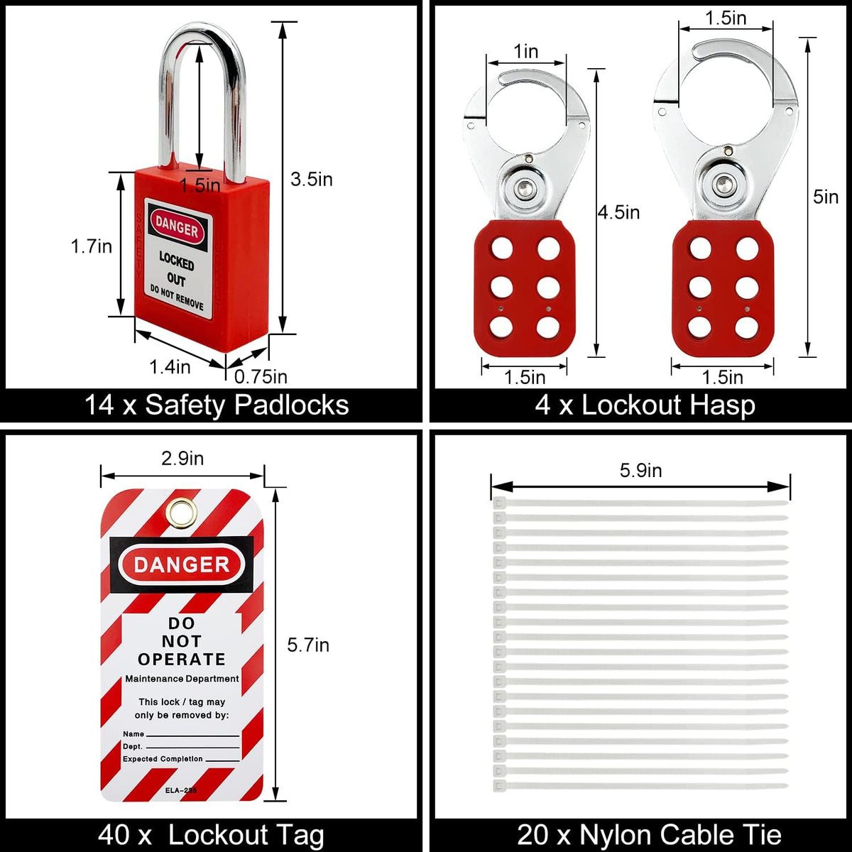 14 Key Padlocks with Numbers, 4 Lockout Hasps, 40 Lockout Tags, 20 Nylon Cable Lockout Tagout Station O7788