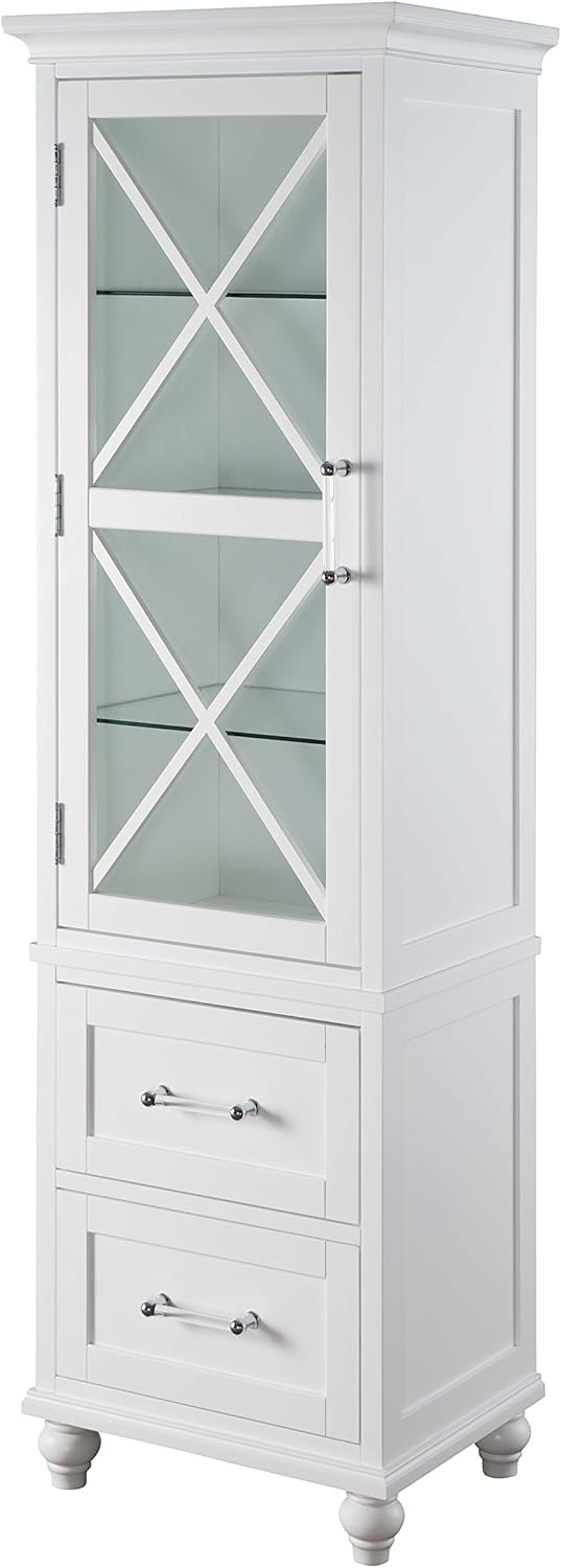 White Linen Tower Tall Narrow Storage Cabinet with 1 Door 3 Glass Tempered Shelves and 2 Drawers H82761