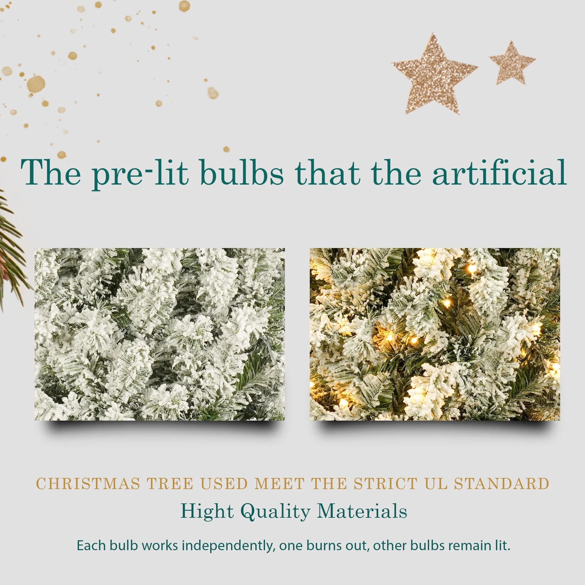 Pre-lit 6FT Hinged Snow Flocked Artificial Christmas Tree with 360 LED Lights and 8 Golden Stars S36271