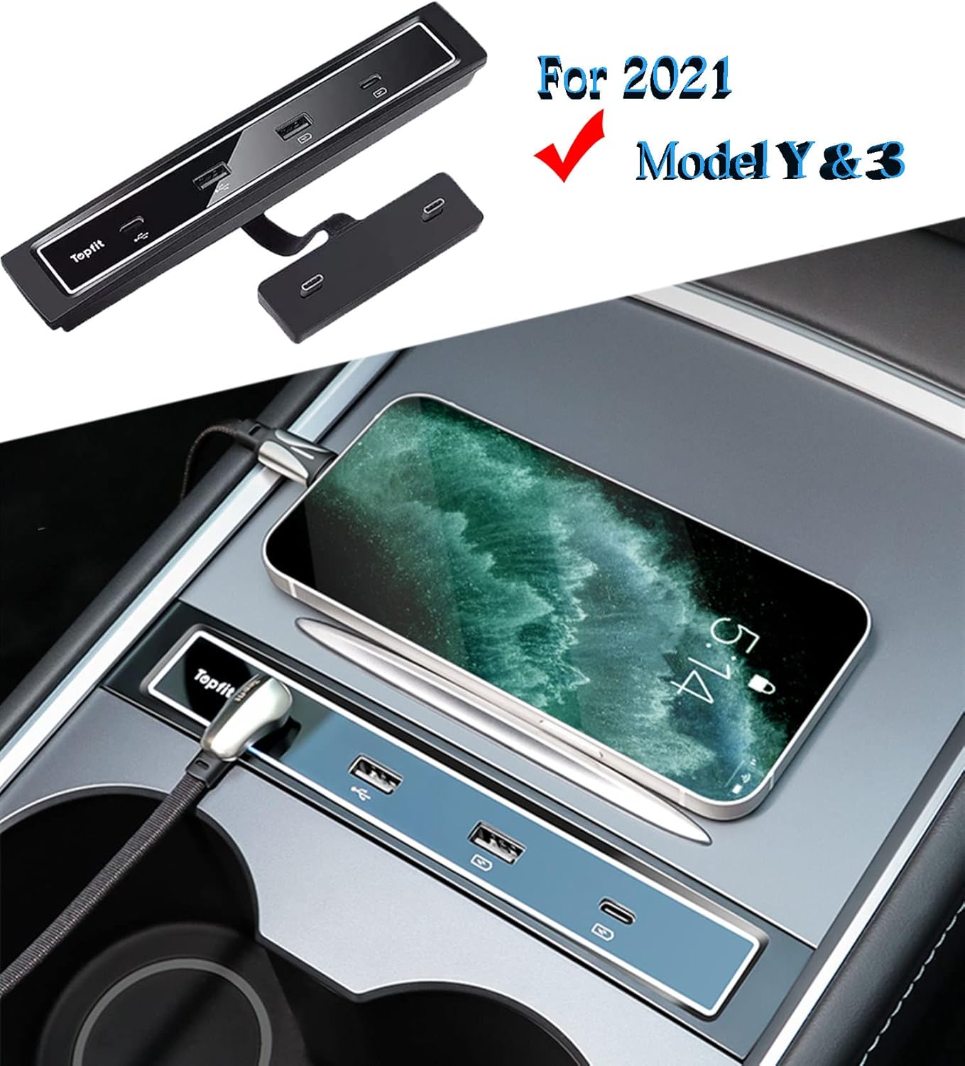 4 in 1 USB Hub Center Console Adapter for Tesla Model Y Model 3, Pack of 2 I136420