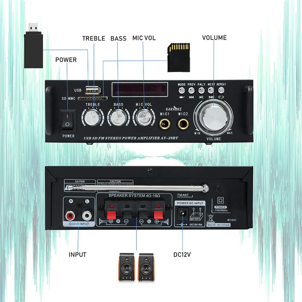 Bluetooth 5.0 Stereo Audio Amplifier Receiver with USB, SD Card, FM Radio, Remote Control M2801