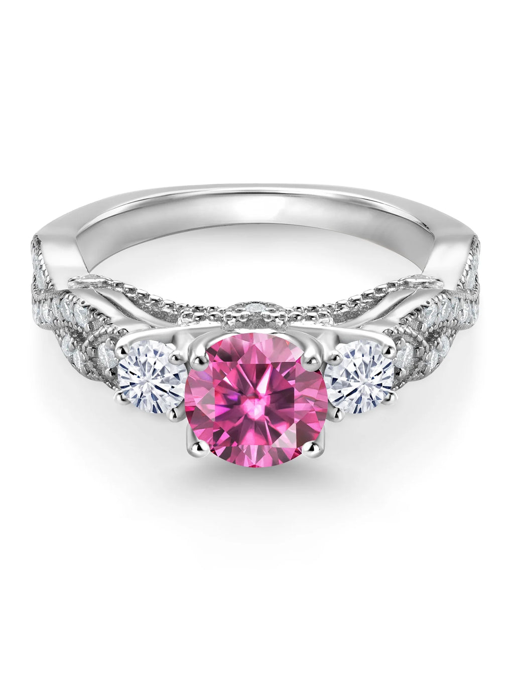 925 Sterling Silver Pink Moissanite and White Moissanite Engagement Ring X7924