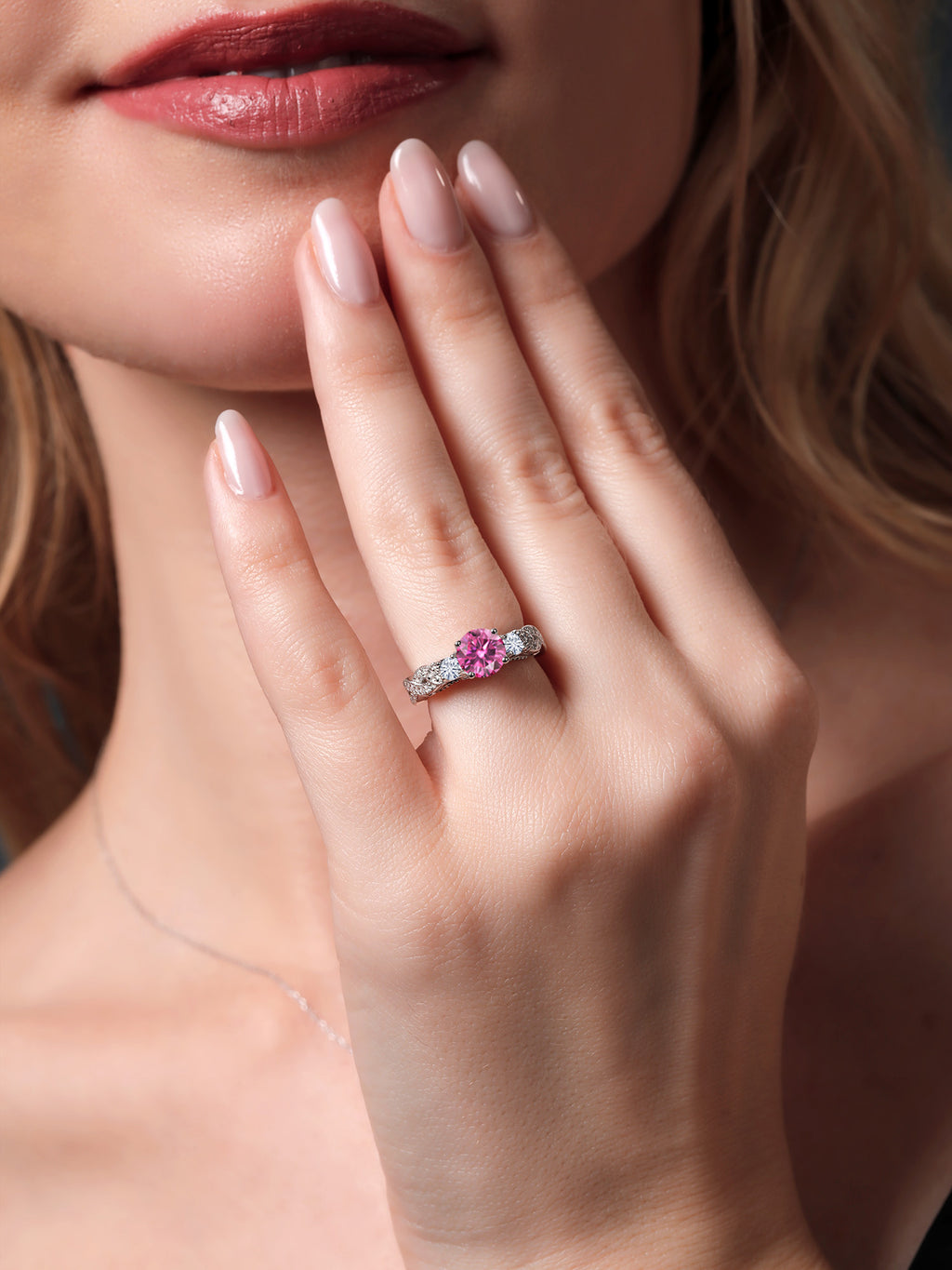 925 Sterling Silver Pink Moissanite and White Moissanite Engagement Ring X7924