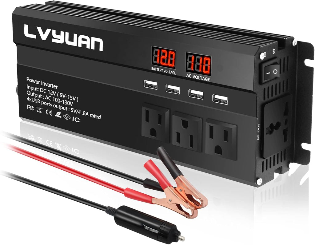 1000W Car Power Inverter DC 12V to 110V AC with 4 Outlets, 4 USB Ports, Red Pack of 2 Q4252
