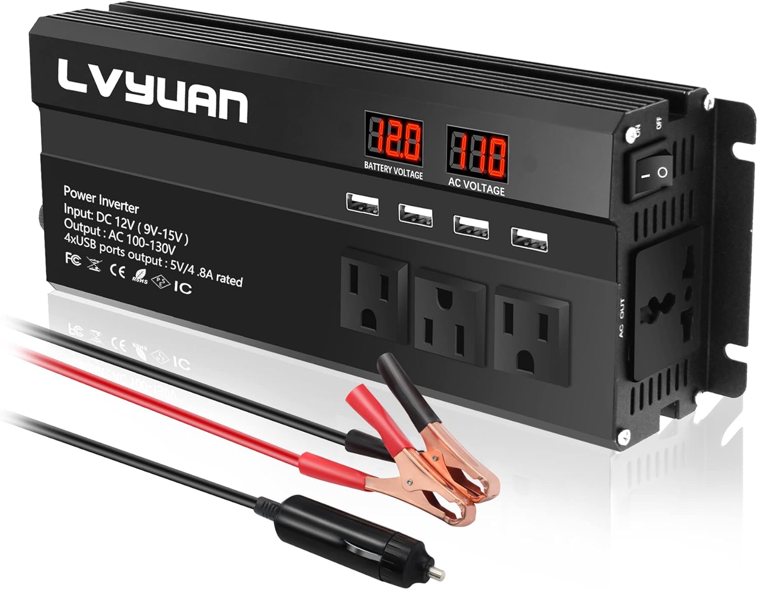 1000W Car Power Inverter DC 12V to 110V AC with 4 Outlets, 4 USB Ports, Red Pack of 2 Q4252