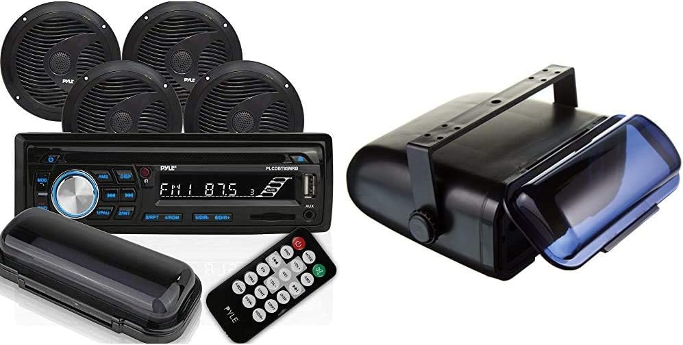 Black Waterproof Marine Audio Stereo Kit with Single DIN Radio Receiver, CD Player, AM/FM Radio L602622