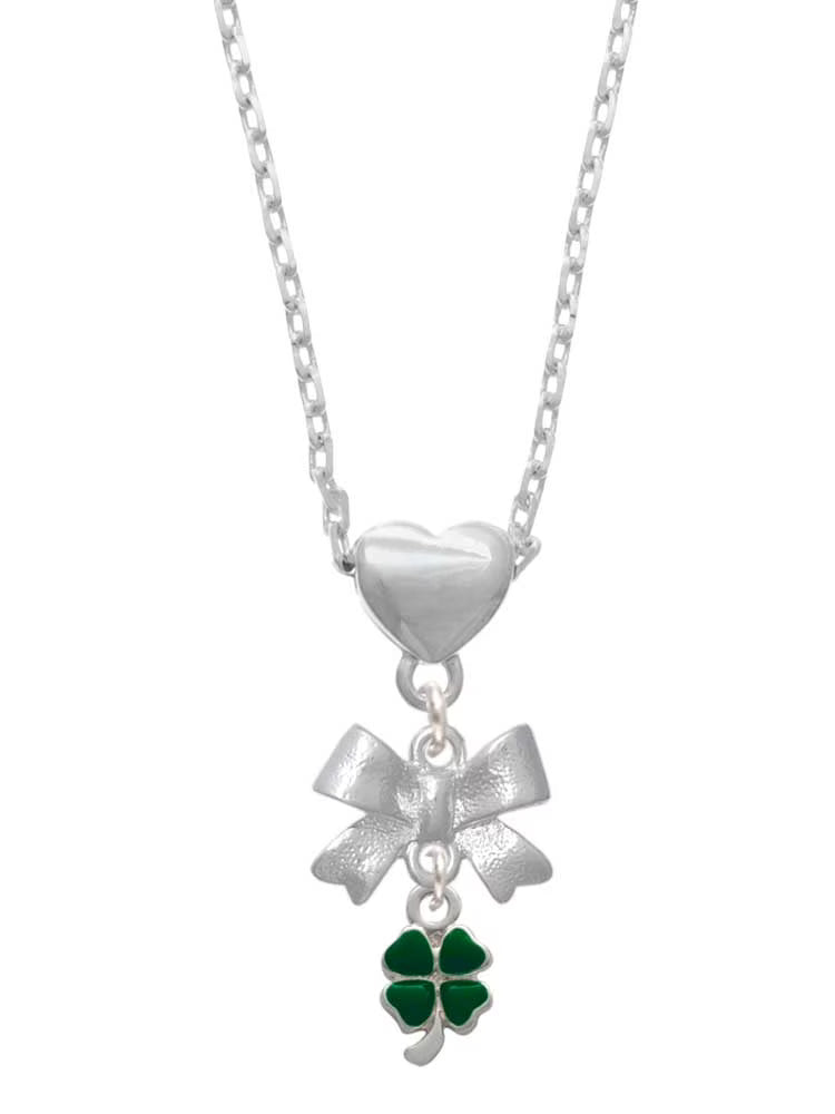 Silvertone Mini Green Four Leaf Clover Heart Necklace G13909