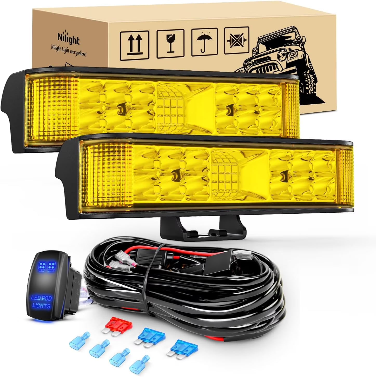 Amber LED Light Bar Pods 2PCS 6.5 Inch 60W Flood Spot Beam Combo Fog Driving Light Wiring Harness Kit A1524