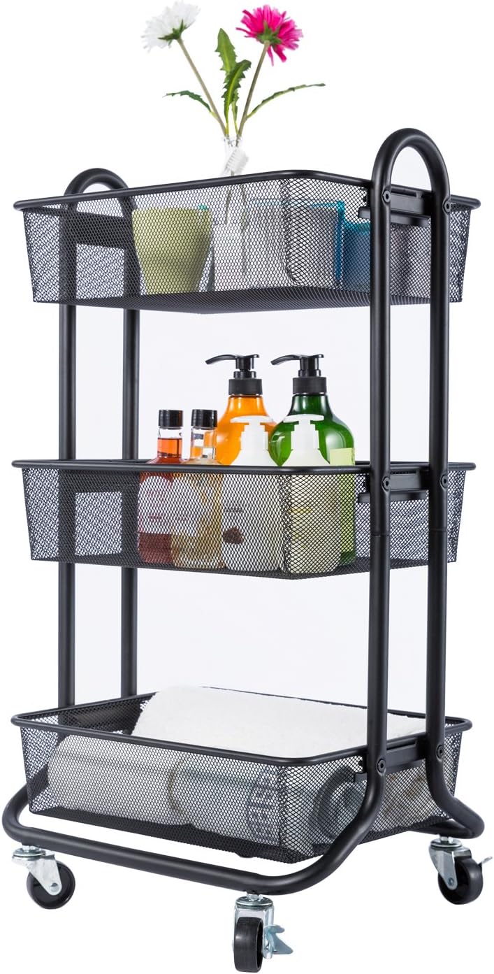 Black 3-Tier Rolling Utility Cart with Metal Mesh Baskets N56079