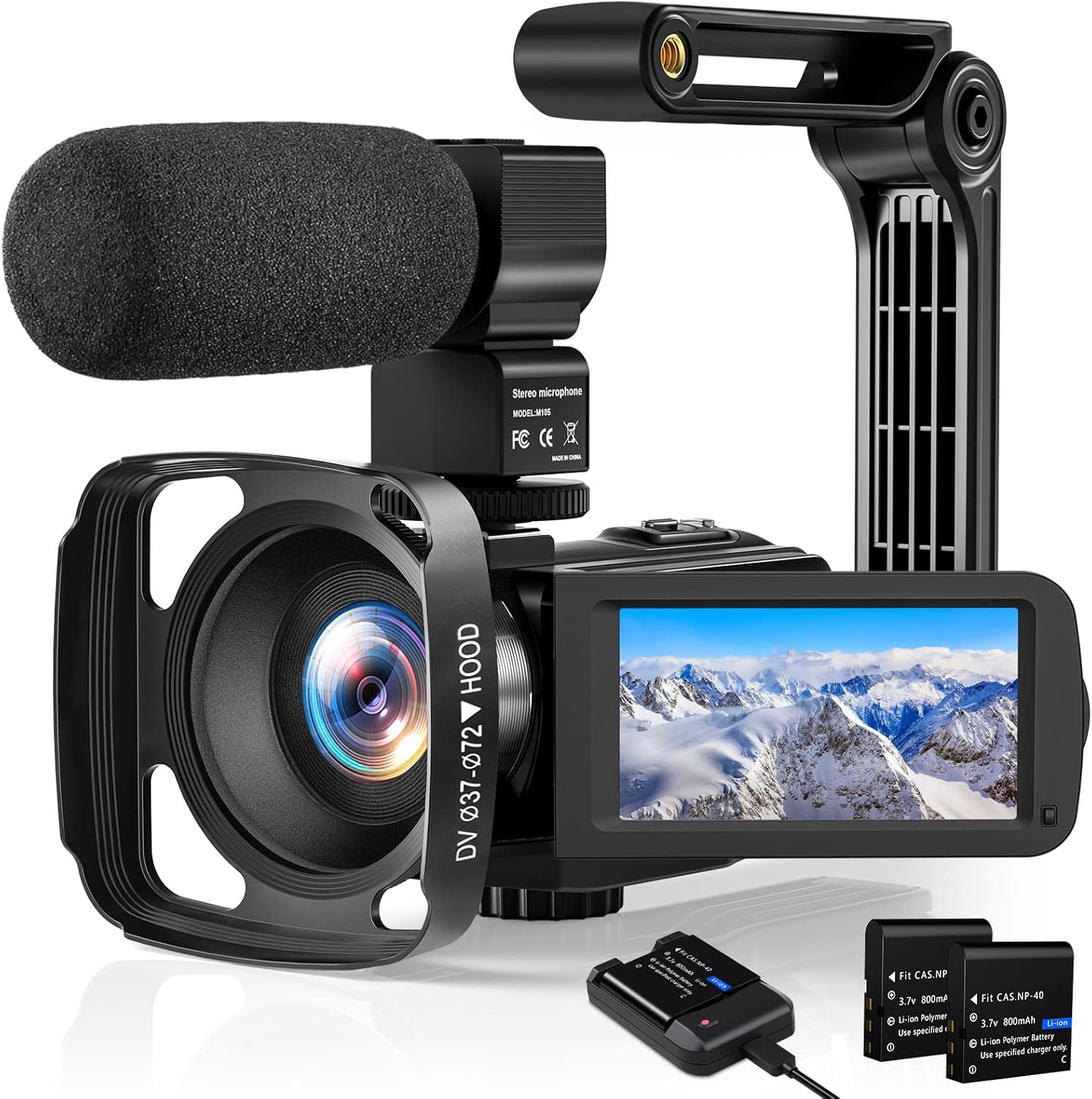 FHD 1080P 24 MP 3.0 Inch 270 Degree Rotation Screen 16X Zoom Digital Video Recorder with Microphone, Battery Charger, Stabilizer, Lens Hood, 2 Batteries P87610
