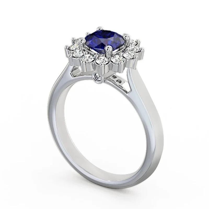 14K White Gold Blue Sapphire Diamond Engagement Ring Size 5.5 E375