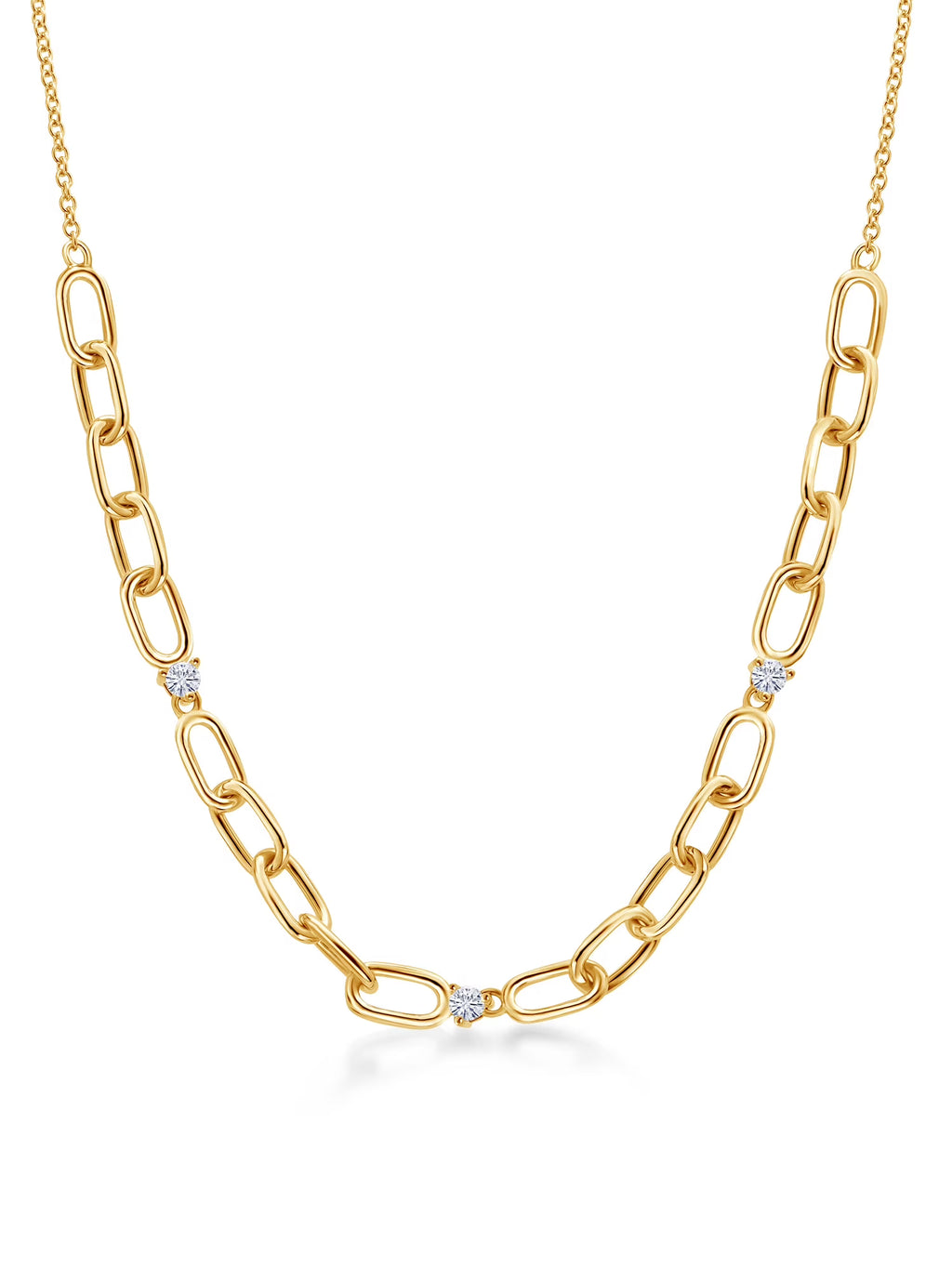 18K Yellow Gold Plated Silver Paperclip Chain Necklace Round Moissanite T6818